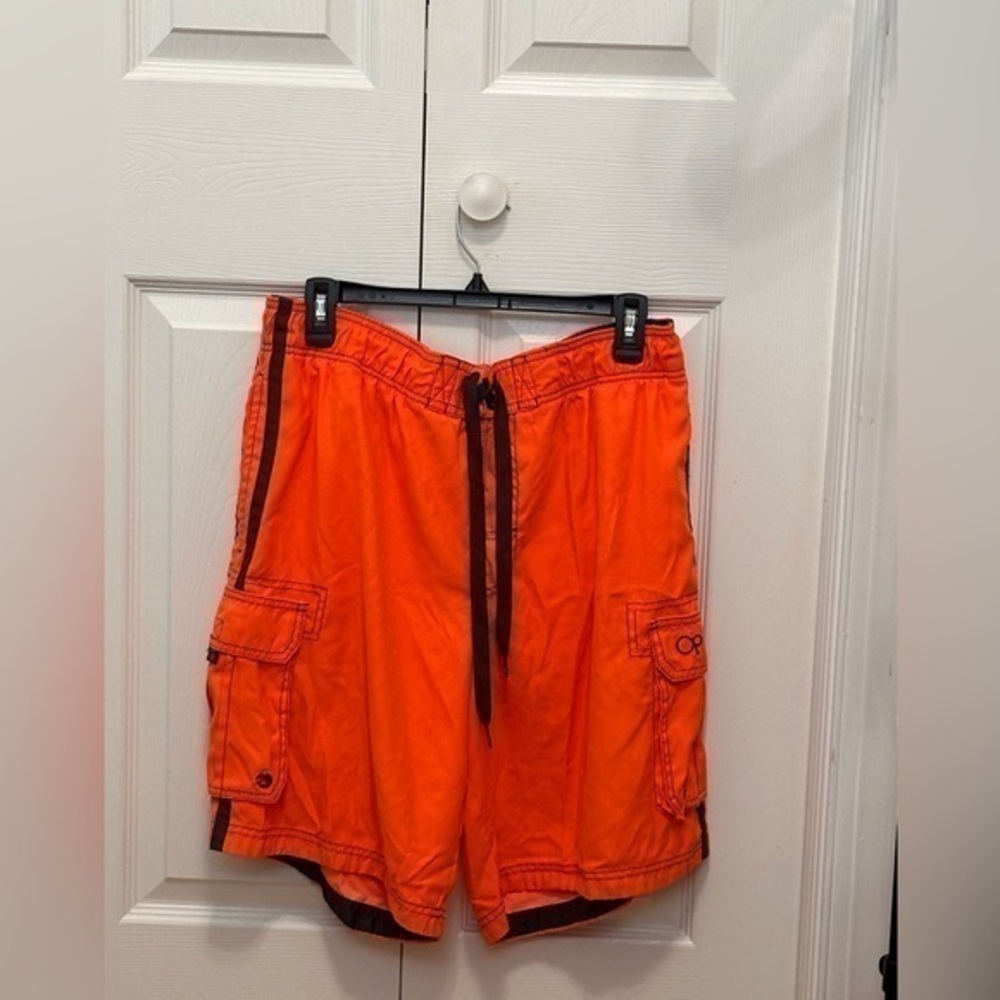 Men's OP Mesh Lined Swim Trunks Orange Drawstring Waistband Large